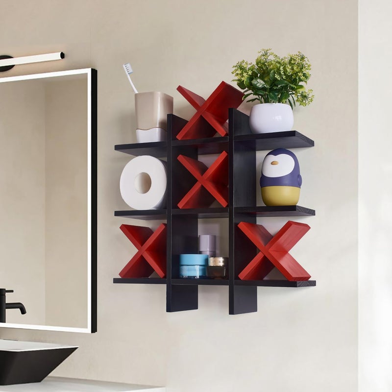DAOYOUSKY Tic Tac Toe Toilet Paper Holder Stand with 4pcs Wooden X, Farmhouse Rustic Wall Mounted Funny Toilet Papers Storage Organizer with Shelf, Guest Bathroom Decor, Black and Red - Image 4