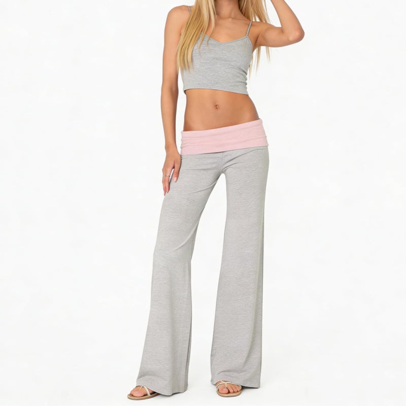 FOMOYUU Lounge Yoga Pants for Women Fold Over Low Waist Wide Leg Sweatpants Flare Leggings Bell Bottoms Y2K Foldover Pants (Grey+Pink, S) - Image 4