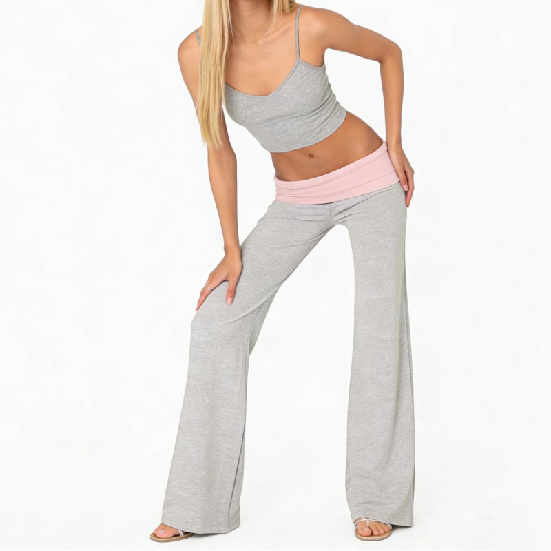 FOMOYUU Lounge Yoga Pants for Women Fold Over Low Waist Wide Leg Sweatpants Flare Leggings Bell Bottoms Y2K Foldover Pants (Grey+Pink, S) - Image 5