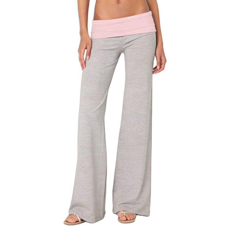 FOMOYUU Lounge Yoga Pants for Women Fold Over Low Waist Wide Leg Sweatpants Flare Leggings Bell Bottoms Y2K Foldover Pants (Grey+Pink, S) - Image 1