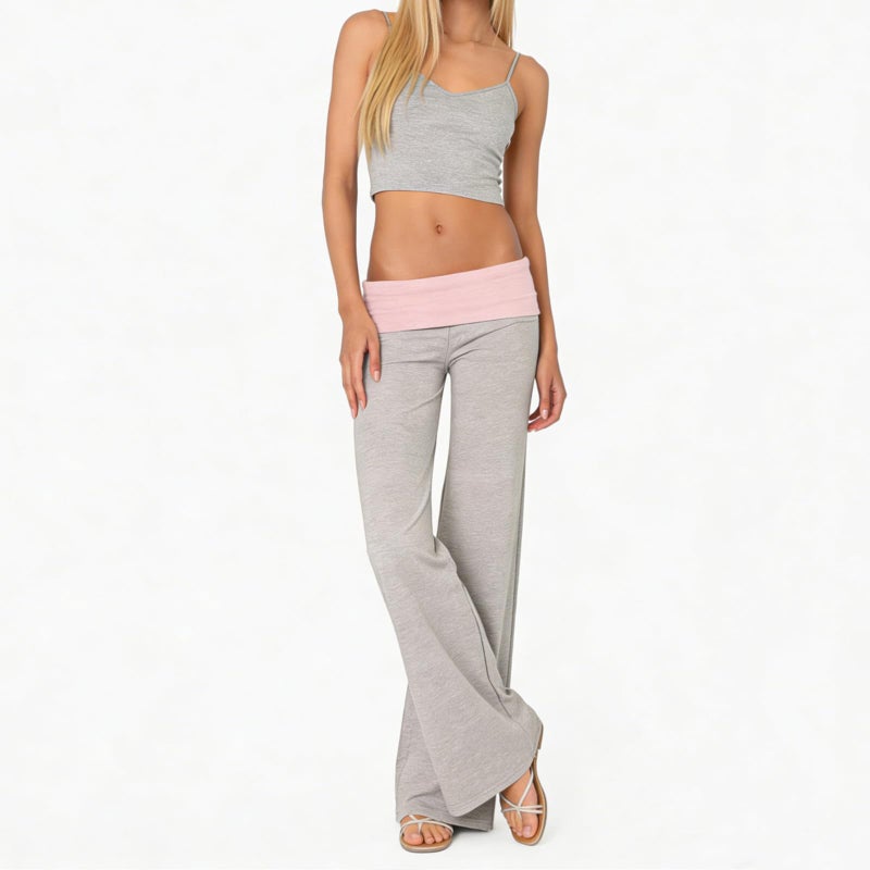 FOMOYUU Lounge Yoga Pants for Women Fold Over Low Waist Wide Leg Sweatpants Flare Leggings Bell Bottoms Y2K Foldover Pants (Grey+Pink, S) - Image 2