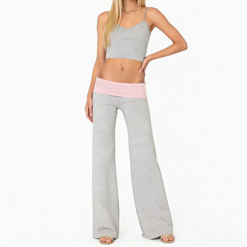 FOMOYUU Lounge Yoga Pants for Women Fold Over Low Waist Wide Leg Sweatpants Flare Leggings Bell Bottoms Y2K Foldover Pants (Grey+Pink, S) - Image 3