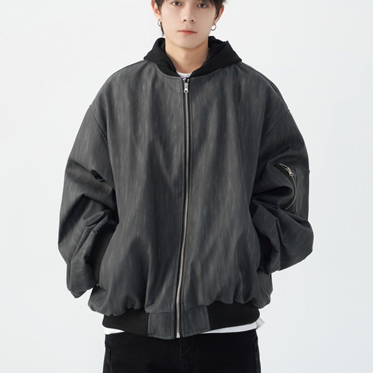 dark gray Fake Two-Piece Jacket Mens Spring and Autumn New Arrival Ruffian Handsome Personality All-Match Design Sense Hooded Cardigan Jacket Gray