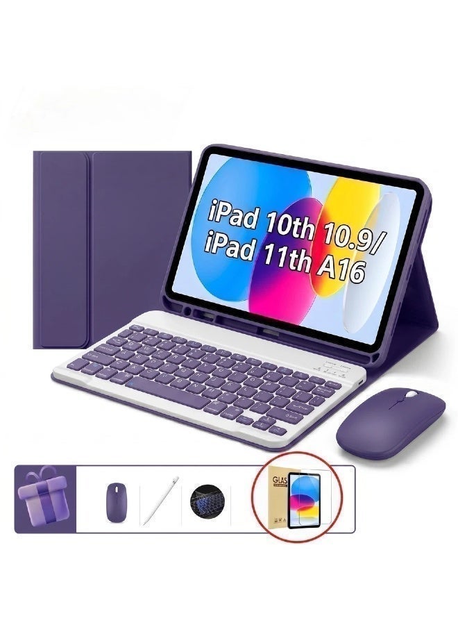 حافظة لوحة مفاتيح خفيفة الوزن ومحمولة مصممة خصيصًا لجهاز iPad الجيل الحادي عشر (A16، 2025) والجيل العاشر (2022). تتميز بلوحة مفاتيح مغناطيسية قابلة للفصل مع لوحة لمس ذكية فاخرة، وهيكل خارجي مقاوم للبقع، بالإضافة إلى فتحة مدمجة لحفظ القلم. تأتي مع مجموعة ملحقات مجانية تشمل: ماوس بلوتوث، واقي شاشة، غطاء لحماية لوحة المفاتيح، وقلم ذكي عالي الجودة. اللون: بنفسجي. - Image 1