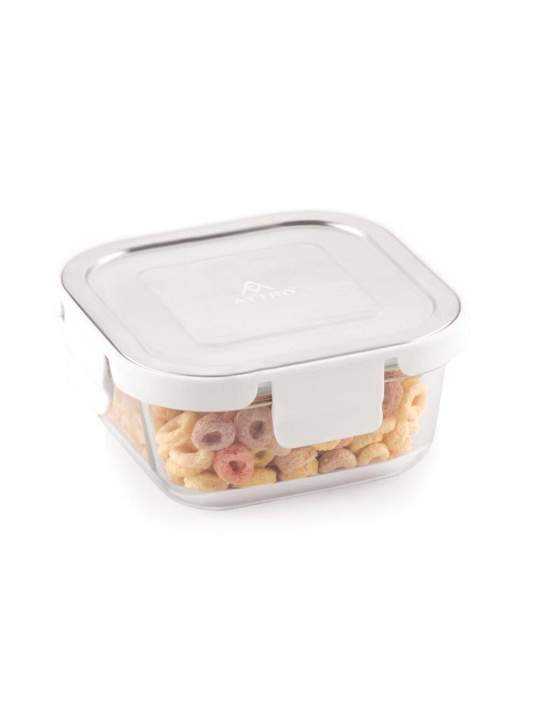 ATTRO Glassox Borosilicate Square Glass Lunch Box with Stainless Steel Lid Food Storage Container Microwave & Freezer Safe BPA-Free Food-Grade 320ml - Image 1