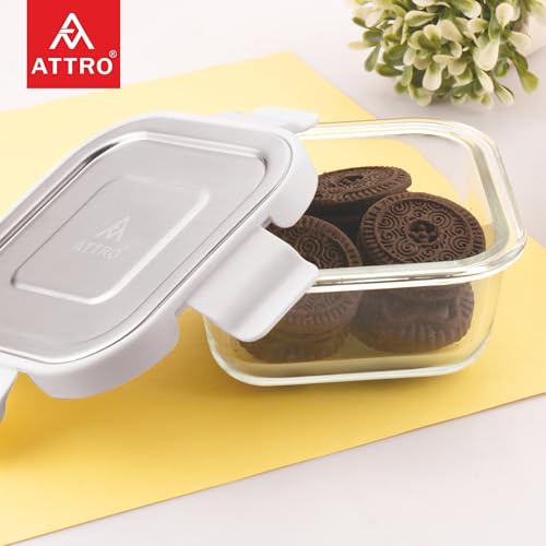 ATTRO Glassox Borosilicate Square Glass Lunch Box with Stainless Steel Lid Food Storage Container Microwave & Freezer Safe BPA-Free Food-Grade 320ml - Image 2
