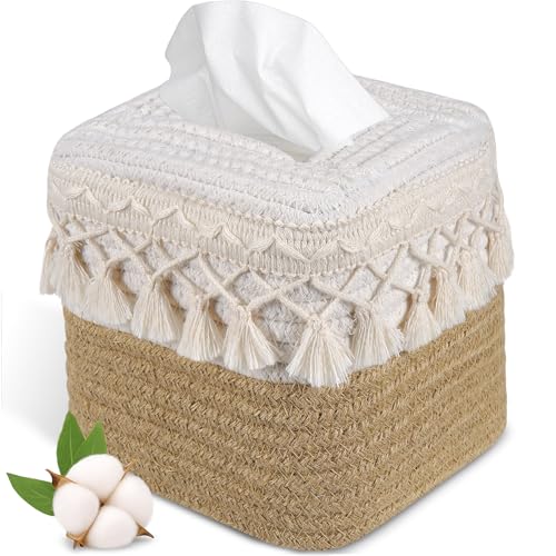 Kortimu Natural Boho Tissue Box Cover: Handwoven Square Holder with Tassel for Bathroom, Table & Kitchen – Open-Bottom Design Decorative Cover for Home, Office & Farmhouse Decor - Image 1