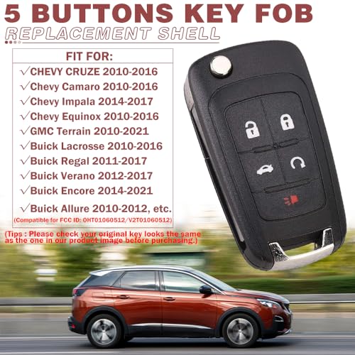 JJCHQ Key Fob Case Replacement 5 Button for Chevy Cruze Camaro Impala Equinox GMC Terrain Buick Regal Lacrosse 2010 2011 2012 2013 2014 2015 2016 2017 Keyless Entry Remote Control Car Key Fob Shell - 2 Pack - Image 3