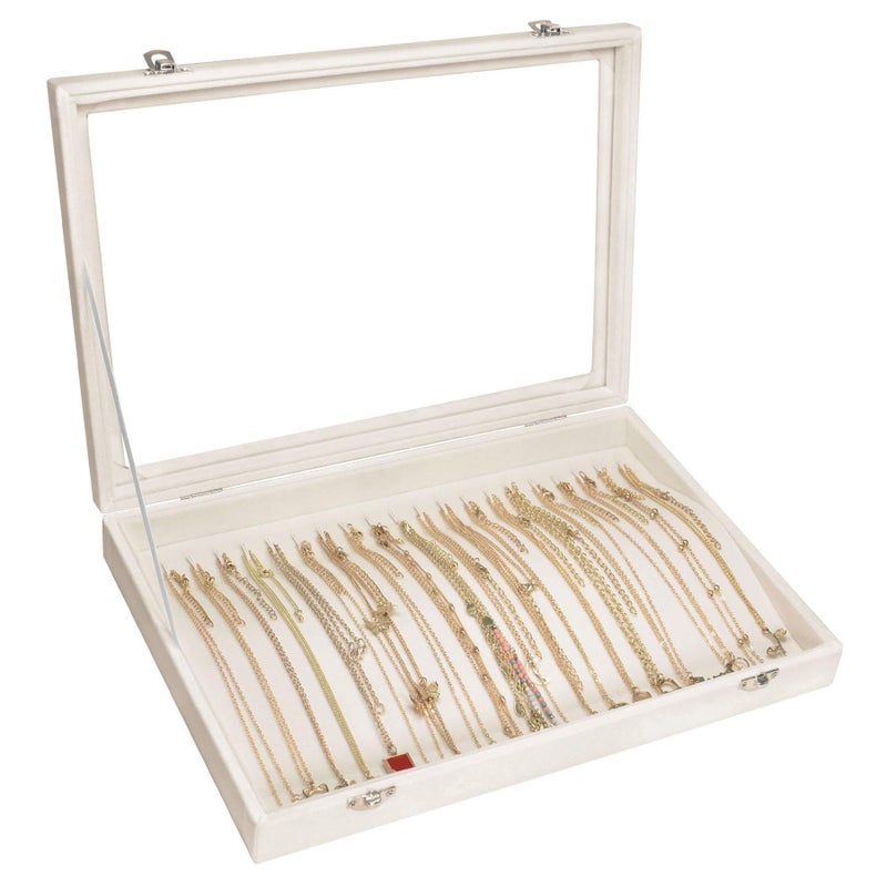 Siveit Necklace Organizer Box Premium 20 Hooks Velvet Necklace Display Jewelry Tray with Transparent Lid Jewelry Necklace Display Box for Necklace Pendants Suitable for Women and Girls (Beige) - Image 1