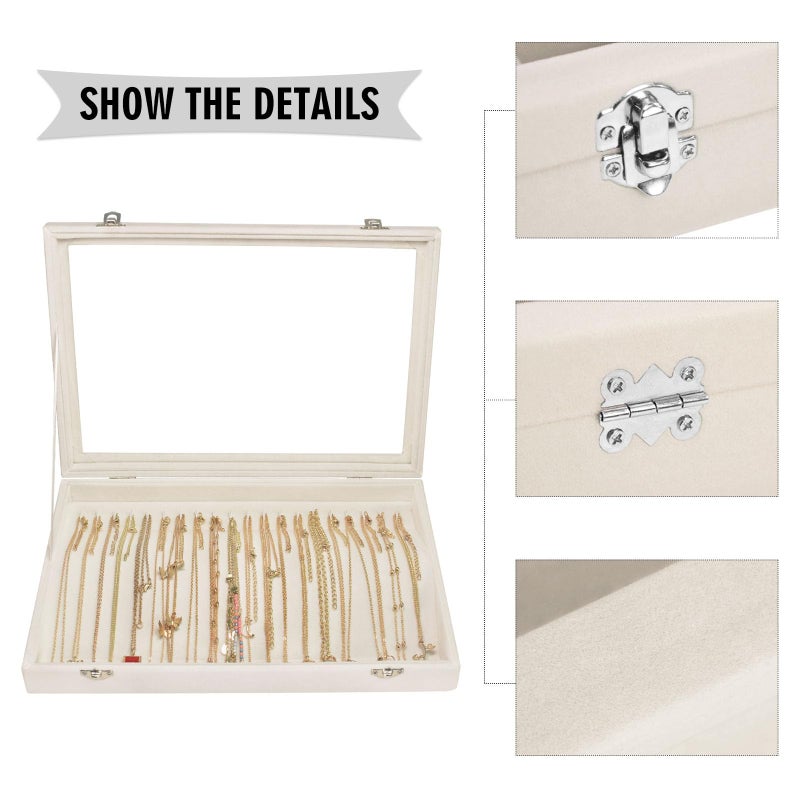 Siveit Necklace Organizer Box Premium 20 Hooks Velvet Necklace Display Jewelry Tray with Transparent Lid Jewelry Necklace Display Box for Necklace Pendants Suitable for Women and Girls (Beige) - Image 4