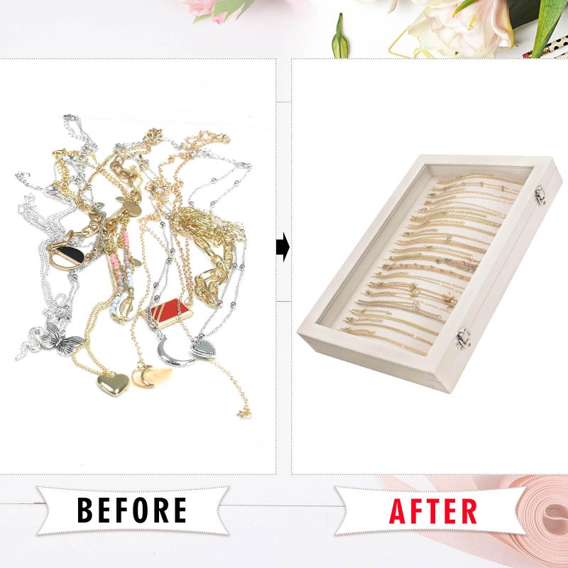 Siveit Necklace Organizer Box Premium 20 Hooks Velvet Necklace Display Jewelry Tray with Transparent Lid Jewelry Necklace Display Box for Necklace Pendants Suitable for Women and Girls (Beige) - Image 5