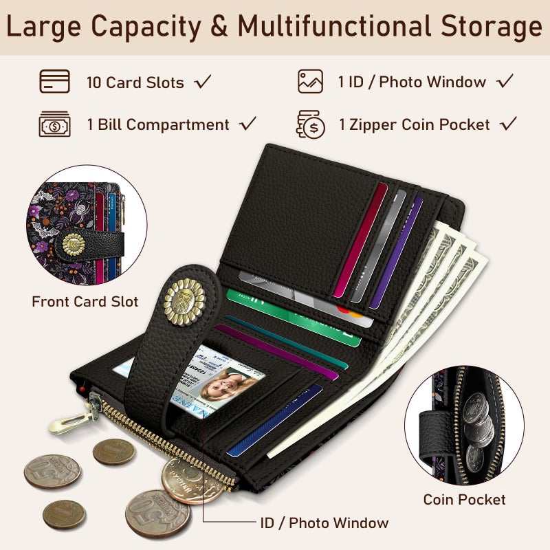 Kelvoris Goth Gothic Bats Spiders Web Small Rfid Women Wallet Bifold Zipper Coin Pocket PU Leather Compact Cash Credit Card Holder Travel Wallet for Female Ladies Teen Girls 1 ID Window 10 Card Slots - Image 4