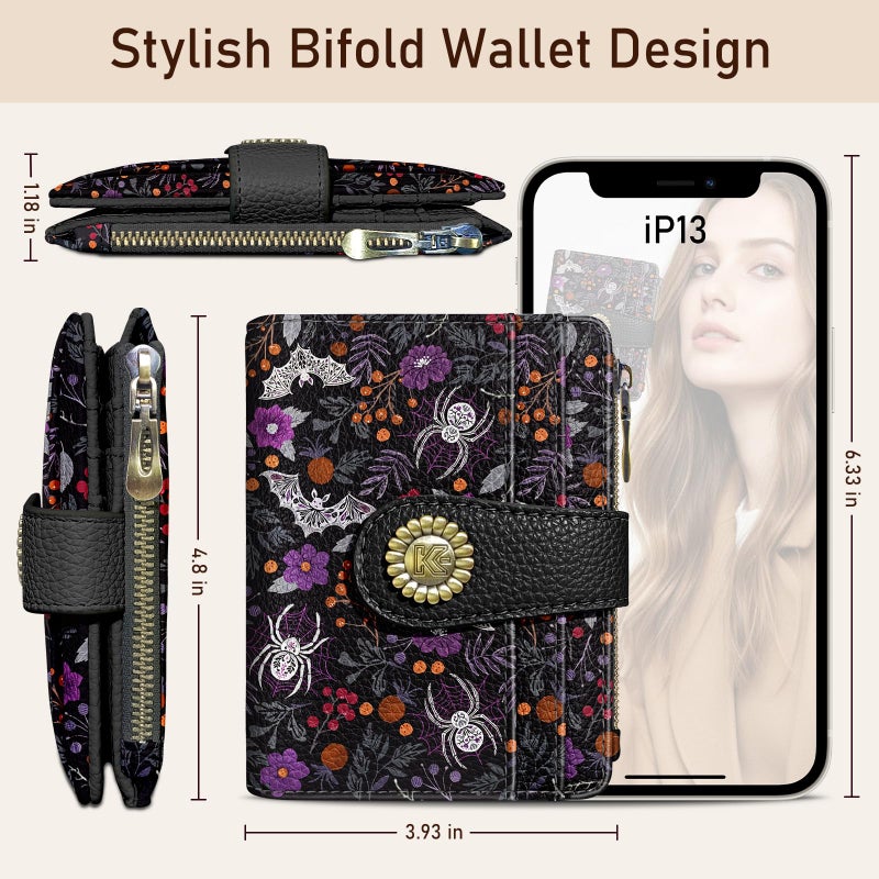 Kelvoris Goth Gothic Bats Spiders Web Small Rfid Women Wallet Bifold Zipper Coin Pocket PU Leather Compact Cash Credit Card Holder Travel Wallet for Female Ladies Teen Girls 1 ID Window 10 Card Slots - Image 5