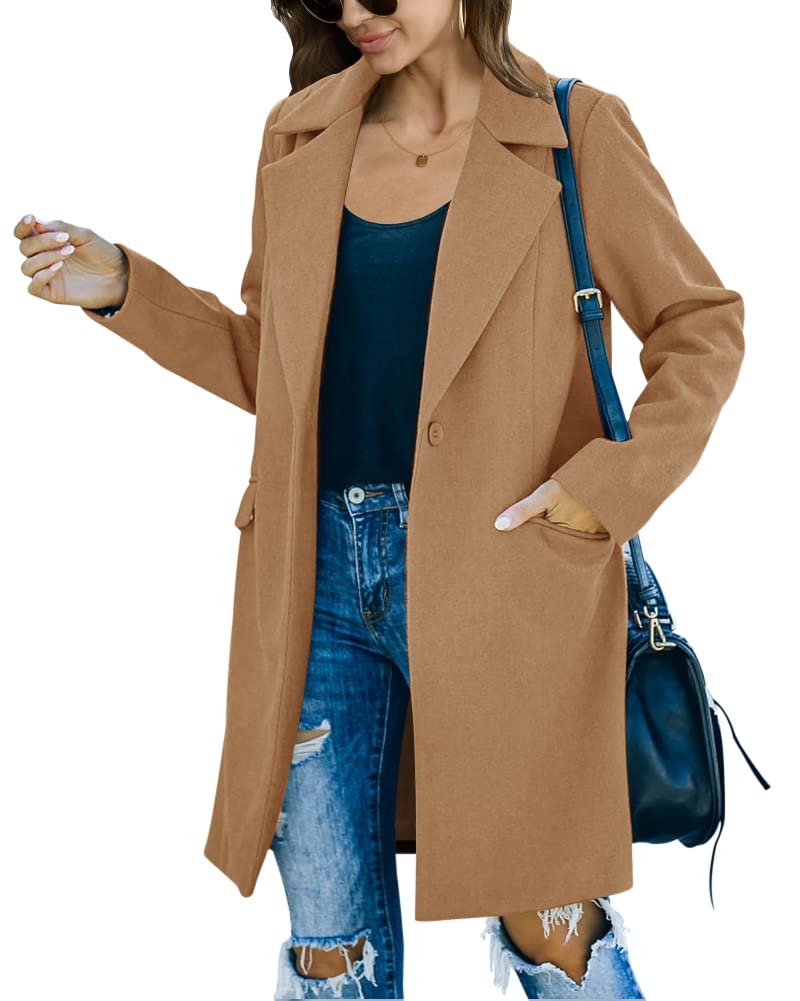 Fazortev Womens Casual Long Sleeve Wool Blend Pea Coat Lapel Notched Collar Warm Midi Jacket Overcoat - Image 3