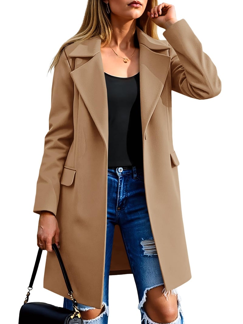 Fazortev Womens Casual Long Sleeve Wool Blend Pea Coat Lapel Notched Collar Warm Midi Jacket Overcoat - Image 1