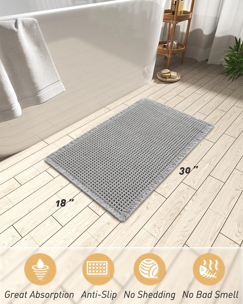 AMOAMI Upgraded Waffle Bath Mat, Super Absorbent Non Slip Bath Mats for Bathroom Floor, Machine Washable Bathroom Rugs with Tassels, Rubber Backed Bathroom Mats, Ultra Soft, 18" x 30", Grey - Image 2