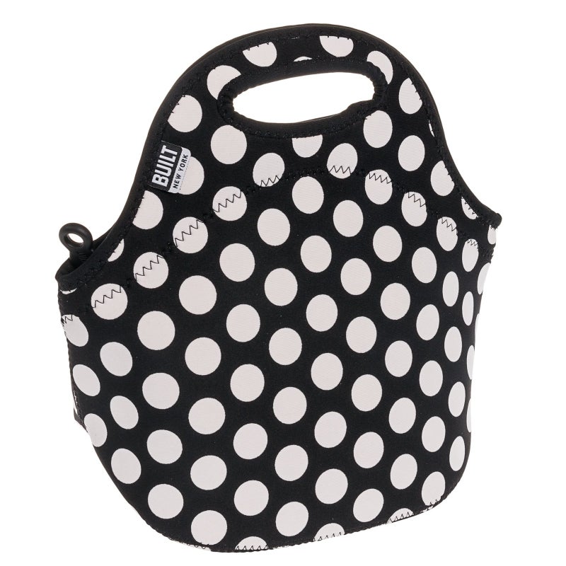 BUILT Gourmet Getaway Soft Neoprene Lunch Tote Bag  Lightweight Insulated and Reusable One Size Big Dot Black  White