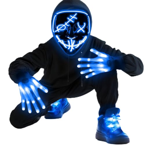 Camlinbo 3 Set Halloween LED Mask Light Up Gloves and Glow Shoelaces Scary Mask Halloween Costume Cosplay Party for Adults - Image 1