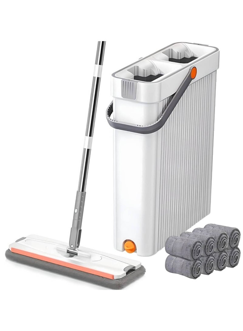 Hands-Free Flat Mop and Bucket Set with 8 Reusable Microfiber Pads – 360° Rotating Head, Double-Compartment Easy Wring System for Wet & Dry Cleaning on Floors, Tiles, Wood, and Windows Flat Type  - Image 1