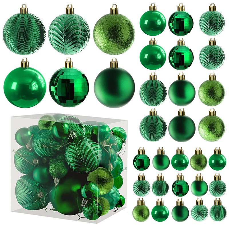 Prextex 36Pieces Green Christmas Ornaments Set Shatterproof Festive Christmas Tree Balls Decorations in 3 Sizes and 6 Styles with Hanging Loops for Tree Wreath and Dazzling Holiday Party Decor
