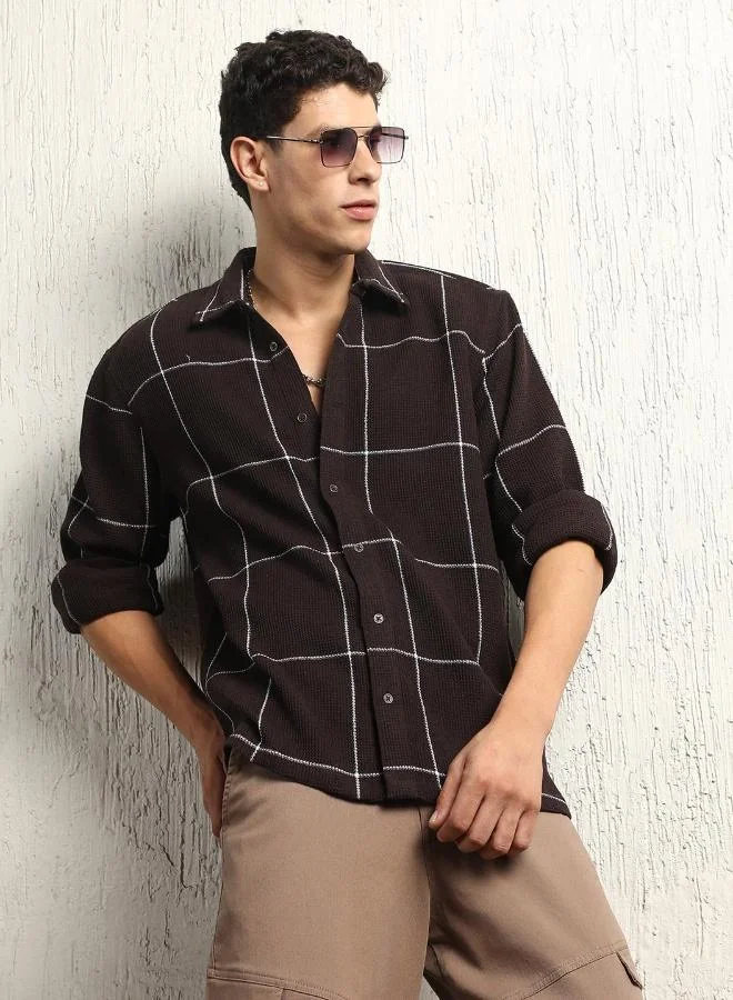Hubberholme Men's Brown Cotton Blend Checkered Button Down Oversized Shirt