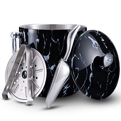 Ice Bucket with Lid Scoop Tongs and Strainer  Well Made Insulated Stainless Steel Keep Ice Frozen Longer  Ideal for Cocktail Bar Parties Chilling Wine Champagne  3 Liter Black Marble