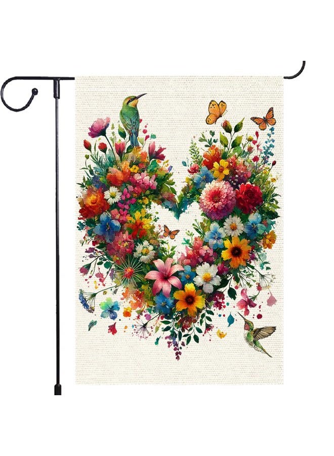 RMXJKIIU Colorful Floral Love Hearts Garden Flag 12x18 Inch Double Sided Small Burlap Birds Flowers Butterflies Outdoor Decorations Spring Summer Garden Flags Patio Yard Outside Decor - Image 1