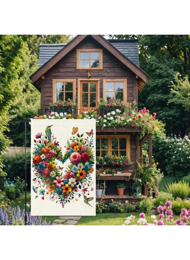 RMXJKIIU Colorful Floral Love Hearts Garden Flag 12x18 Inch Double Sided Small Burlap Birds Flowers Butterflies Outdoor Decorations Spring Summer Garden Flags Patio Yard Outside Decor - Image 4