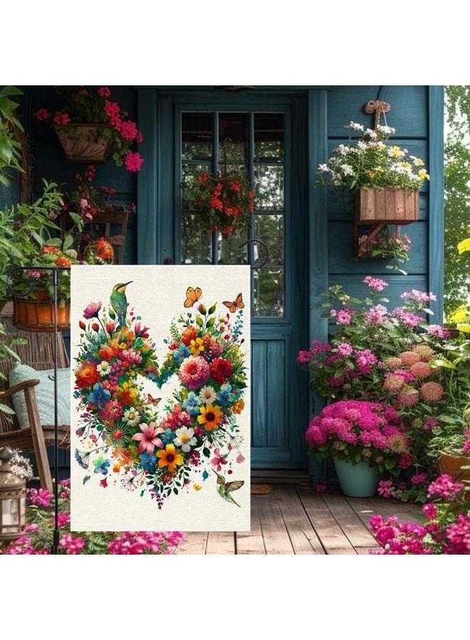RMXJKIIU Colorful Floral Love Hearts Garden Flag 12x18 Inch Double Sided Small Burlap Birds Flowers Butterflies Outdoor Decorations Spring Summer Garden Flags Patio Yard Outside Decor - Image 5