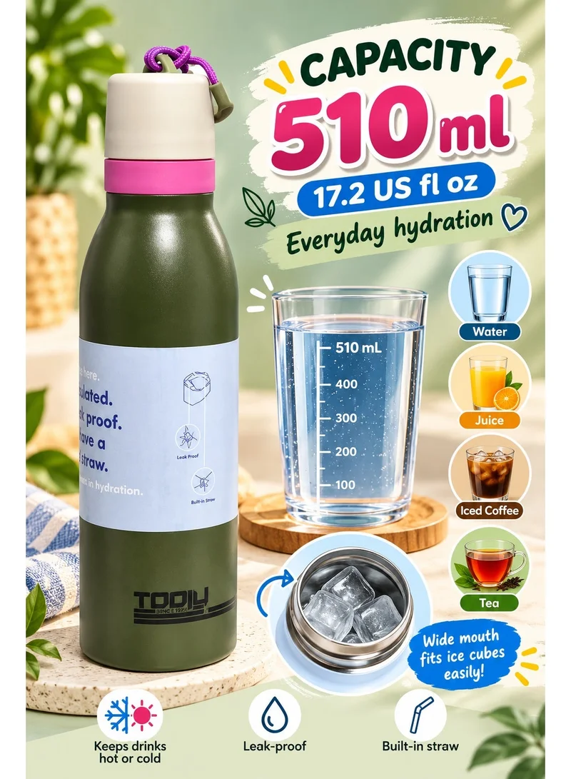 Tooly Tooly Insulated Stainless Steel Water Bottle with Built-in Straw, 510ml - Olive Green with Pink Accent | Leak-Proof Thermal Flask for Hot & Cold Drinks