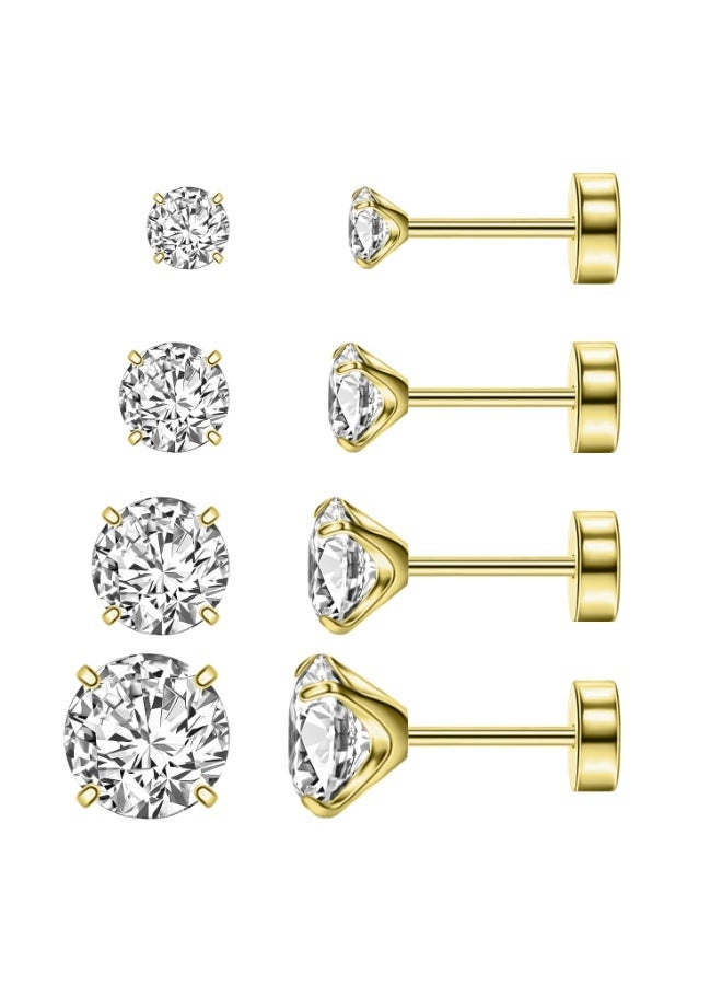 SUNSAR 4 pairs of titanium stud earrings, hypoallergenic flat back screws, pierced earrings unisex, gold - Image 1