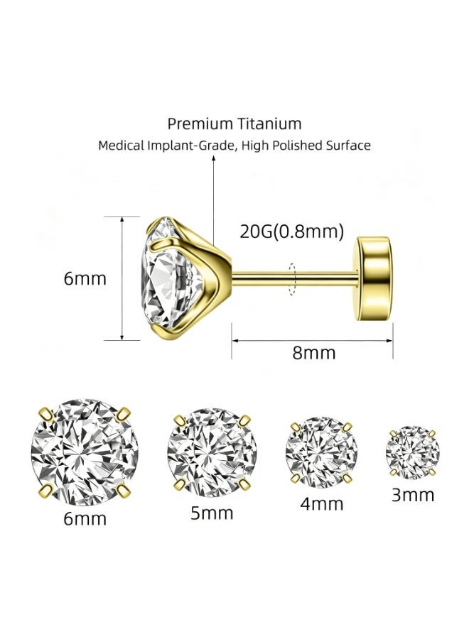 SUNSAR 4 pairs of titanium stud earrings, hypoallergenic flat back screws, pierced earrings unisex, gold - Image 2