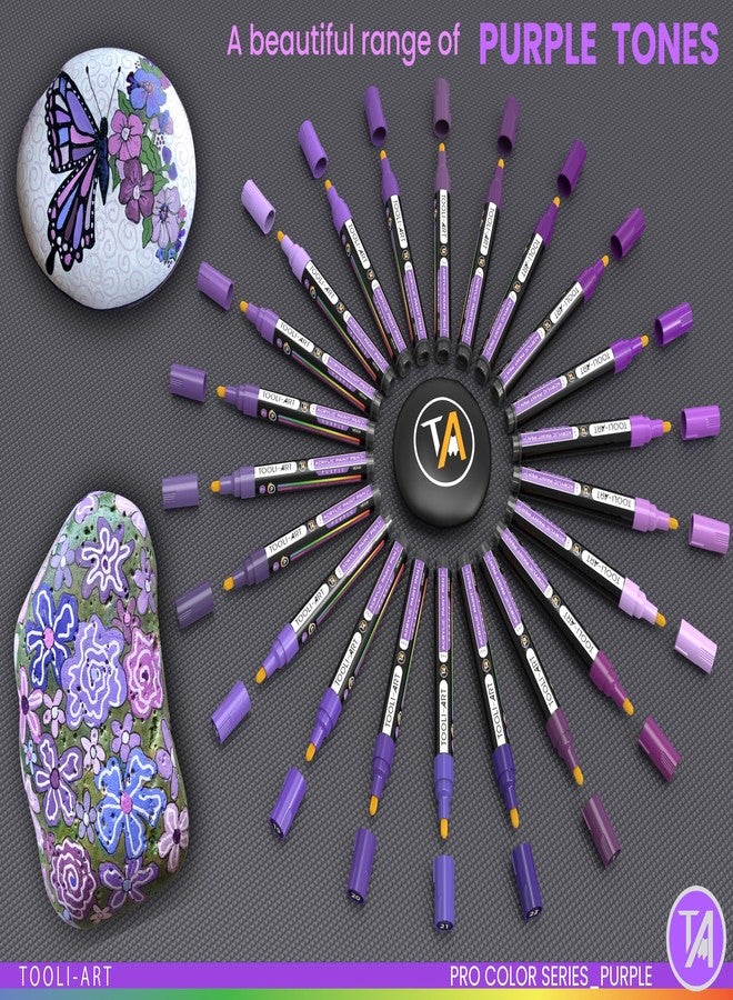 TOOLI-ART 22 Acrylic Paint Markers Paint Pens Pro Color Series Set 3mm Medium Tip for Rock Painting, Glass, Mugs, Wood, Metal, Glass Paint, Canvas, DIY. Non Toxic, Waterbased, Quick Drying (PURPLE) - Image 3