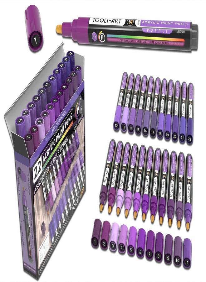 TOOLI-ART 22 Acrylic Paint Markers Paint Pens Pro Color Series Set 3mm Medium Tip for Rock Painting, Glass, Mugs, Wood, Metal, Glass Paint, Canvas, DIY. Non Toxic, Waterbased, Quick Drying (PURPLE) - Image 1