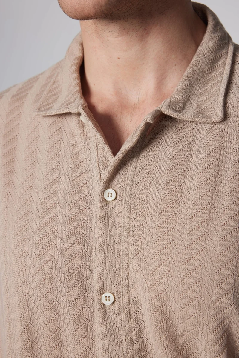 تودورس Slim Fit Slim Fit Short Sleeve Breathable Knitted Texture Dobby Patterned Summer Stone Color Men's Shirt