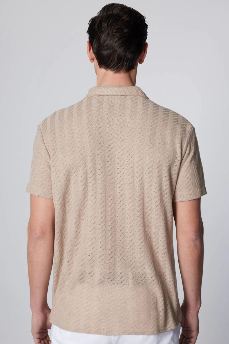 تودورس Slim Fit Slim Fit Short Sleeve Breathable Knitted Texture Dobby Patterned Summer Stone Color Men's Shirt