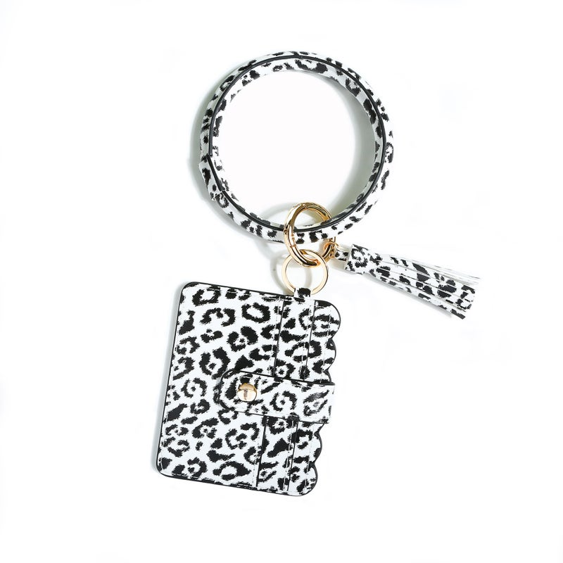 Cross-border Amazon Bracelet Key Ring Pendant Bracelet Key Chain High Sense Womens Wrist PU Leather Card Case K68186 White Leopard 