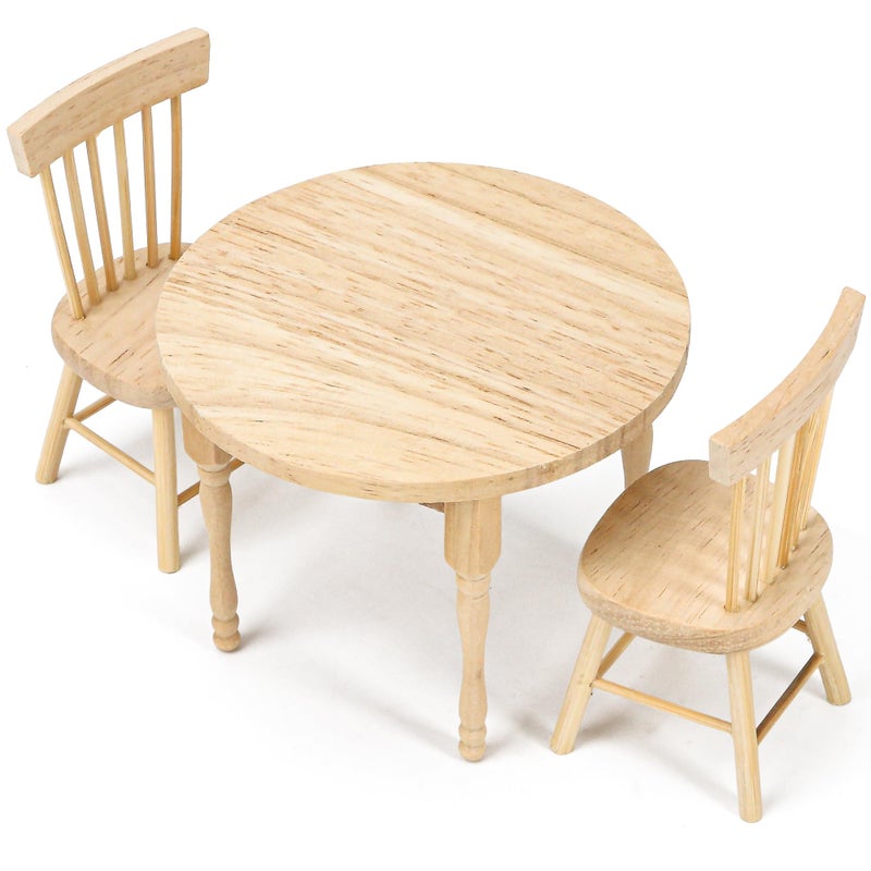 KH866 112 Miniature Dollhouse Round Table and 2 Chairs Dining Set Mini Wooden Unpainted Burlywood Barbie Kitchen Furniture Accessories - Image 3