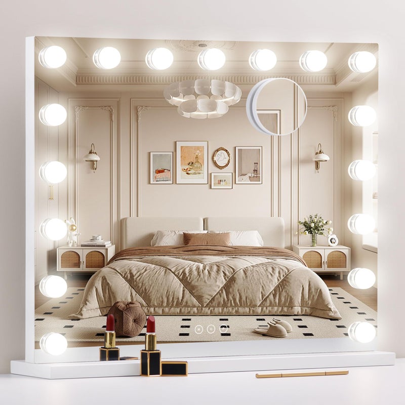NUSVAN Vanity Mirror with LightsMakeup Mirror with 17 Dimmable LED Bulbs 3 Color Lighting Modes Detachable 10X Magnification Mirror Touch Control 236X197 inch White
