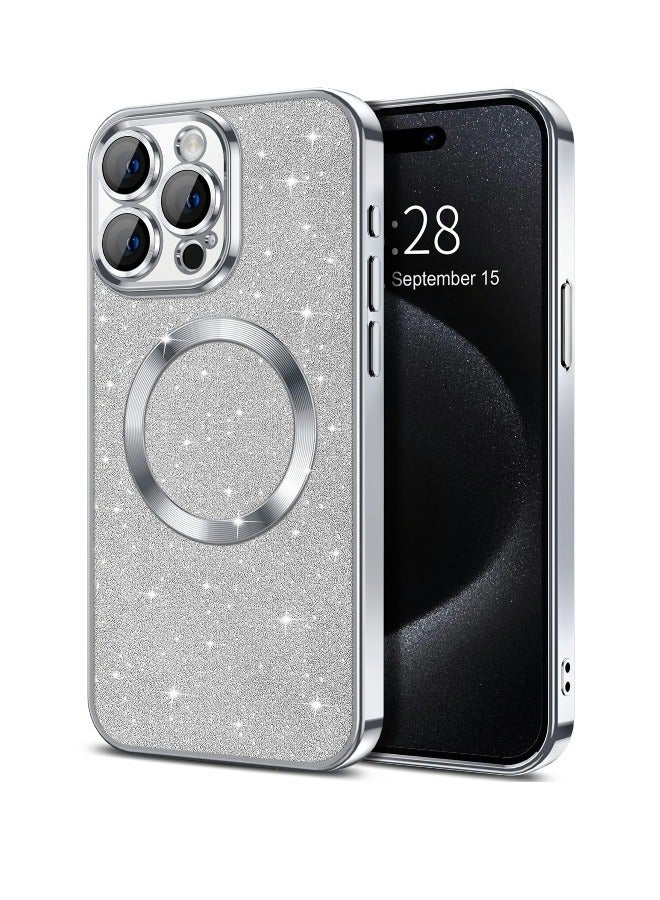 ShebSheb iPhone 15 Pro Max Case Glitter, Clear Magnetic Phone Cases with Camera Lens Protector [Compatible with MagSafe] Bling Sparkle Plating Soft TPU Slim Shockproof Protective Cover Women  - Image 1