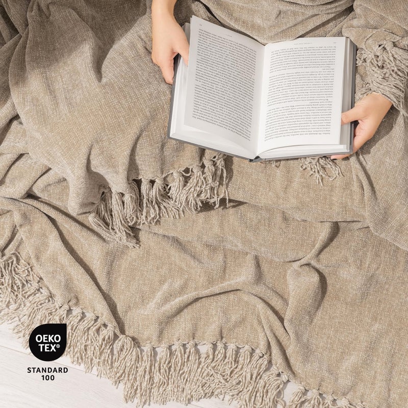EVERGRACE Soft Chenille Throw Blanket for Couch  Cozy Plush Fuzzy Decorative Chenille Knit Throw Blanket with Tassels  Lightweight Blanket and Throws for Bed Sofa Gift Home Decor  Beige 50""x60"" - Image 5