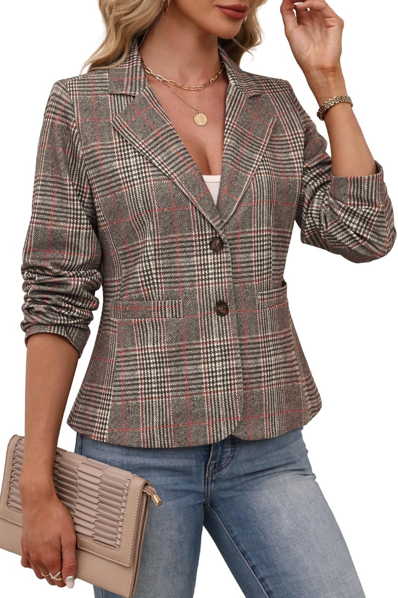 ELLEVEN Womens Business Casual Blazers Suit Jackets Slim Fit Outfits for Women Lightweight Stretchy Knit Long Sleeve Work Office Petite Blazer with Pockets Dressy Trendy Brown Plaid Print Large - Image 1