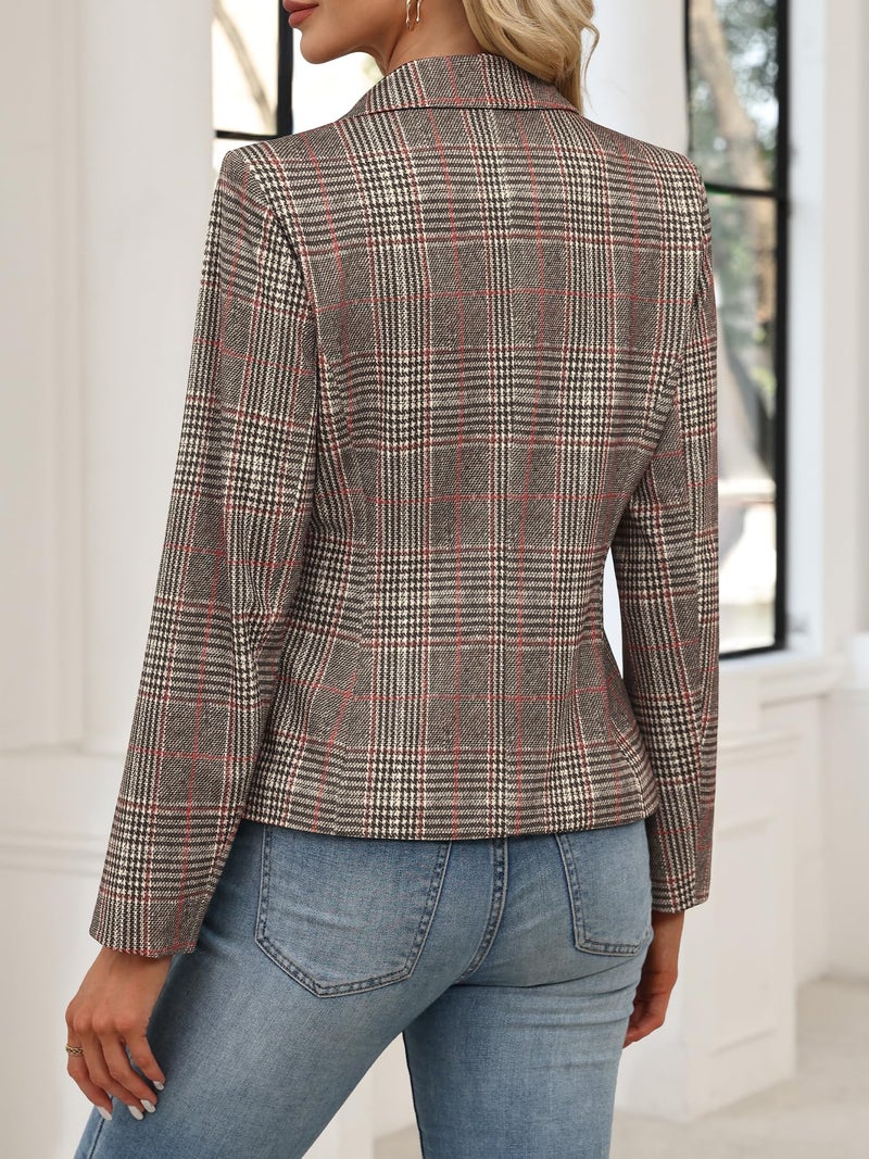ELLEVEN Womens Business Casual Blazers Suit Jackets Slim Fit Outfits for Women Lightweight Stretchy Knit Long Sleeve Work Office Petite Blazer with Pockets Dressy Trendy Brown Plaid Print Large - Image 3