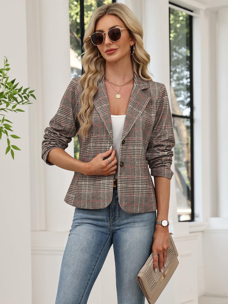 ELLEVEN Womens Business Casual Blazers Suit Jackets Slim Fit Outfits for Women Lightweight Stretchy Knit Long Sleeve Work Office Petite Blazer with Pockets Dressy Trendy Brown Plaid Print Large - Image 4