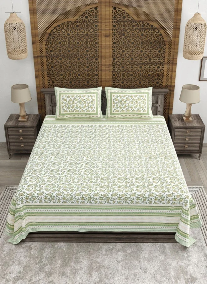 CLOTHOLOGY CLOTHOLOGY White & Green Printed Pure Cotton 180 TC King Bedsheet Set