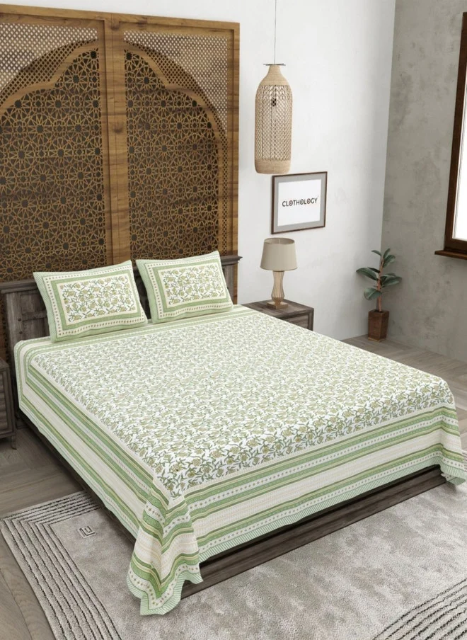 CLOTHOLOGY CLOTHOLOGY White & Green Printed Pure Cotton 180 TC King Bedsheet Set