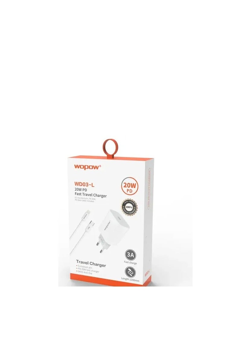 Wopow WD03-L 20W PD Fast Charger with PD Cable for iPhone – Compact & Travel-Friendly - Image 3