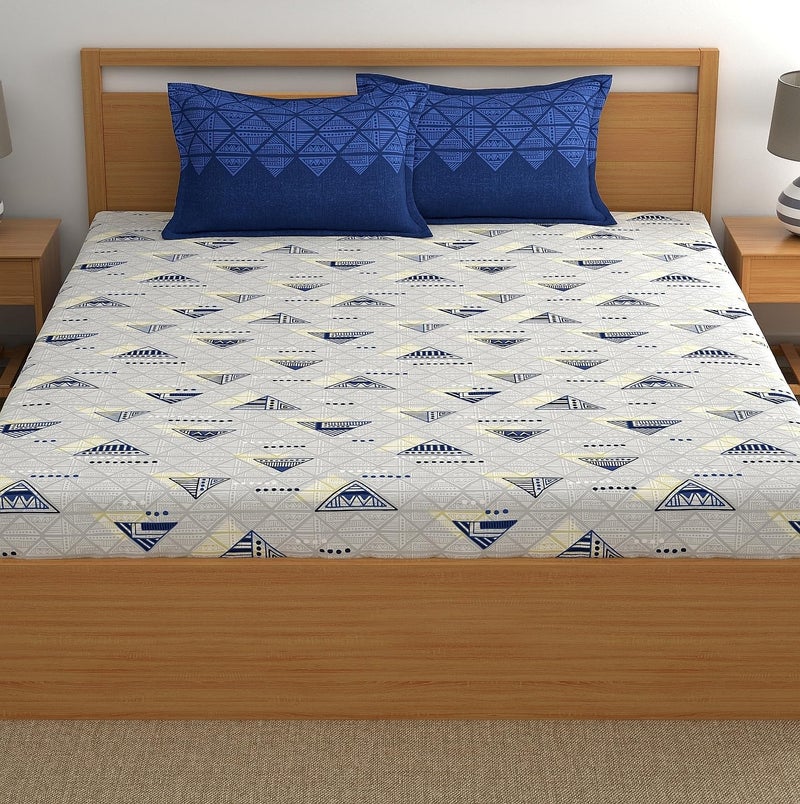 Home Ecstasy 140 Tc 100% Cotton Double Bedsheet with 2 Pillow Covers, 140 Tc Cotton Geometric Blue Bedsheet for Double Bed (7.3ft X 7.8ft) - Image 2