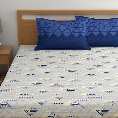 Home Ecstasy 140 Tc 100% Cotton Double Bedsheet with 2 Pillow Covers, 140 Tc Cotton Geometric Blue Bedsheet for Double Bed (7.3ft X 7.8ft) - Image 3