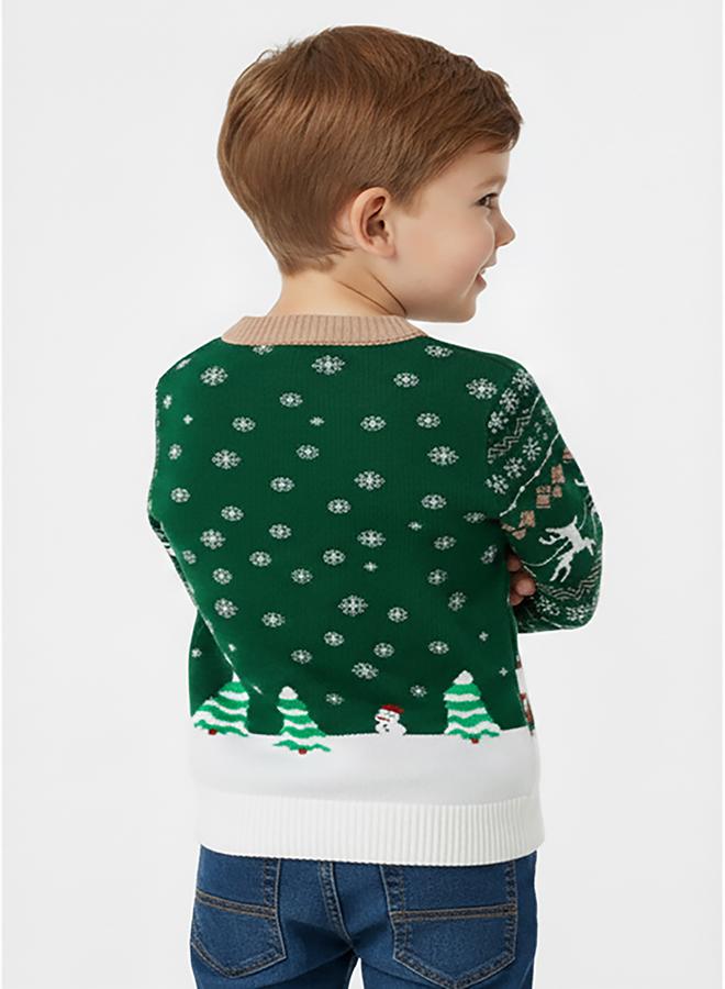 babyqlo Kids Green Christmas Village Scene Knit Sweater - Image 3
